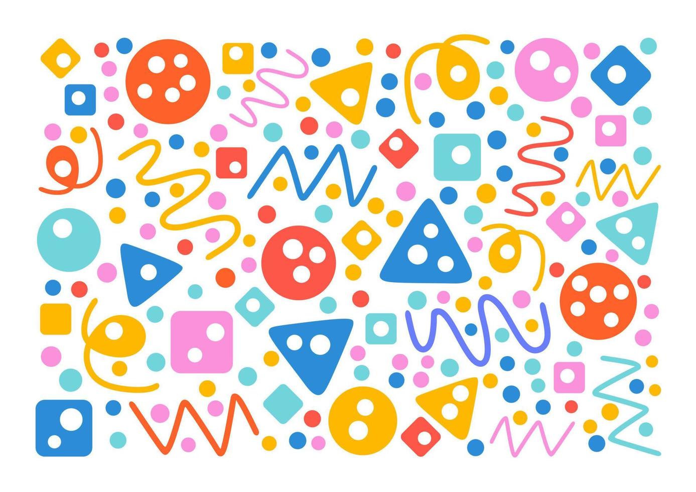 Colorful pattern. Circles, triangles, serpentine, dots, squares, rhombus and zigzag. Fun colorful line doodle shape background. vector