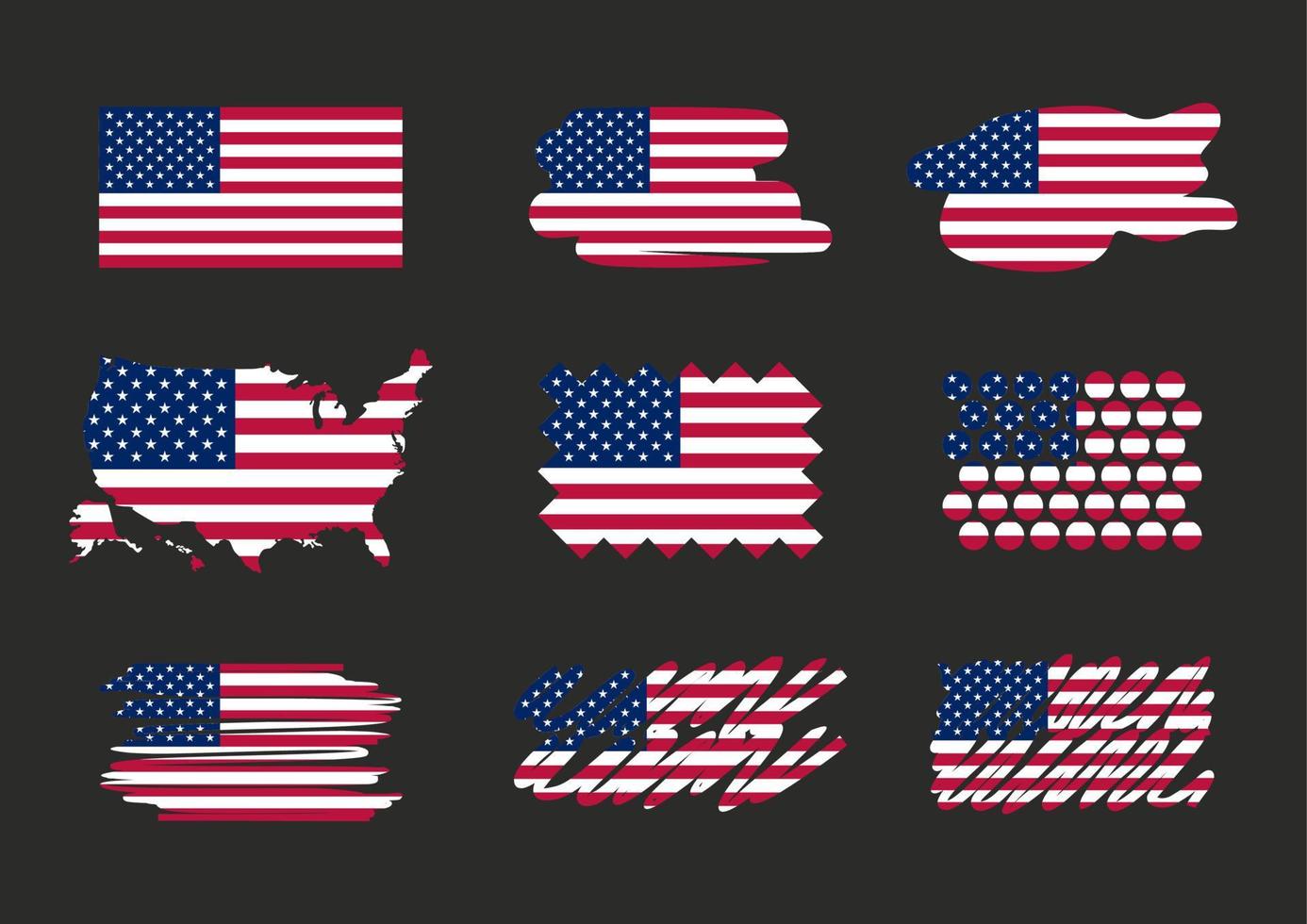 Set of American flag. Icon grunge American flag of USA. Print. Vector illustration. Isolated on black background. United States map. White, blue, red. Stars. Patriotic symbol.