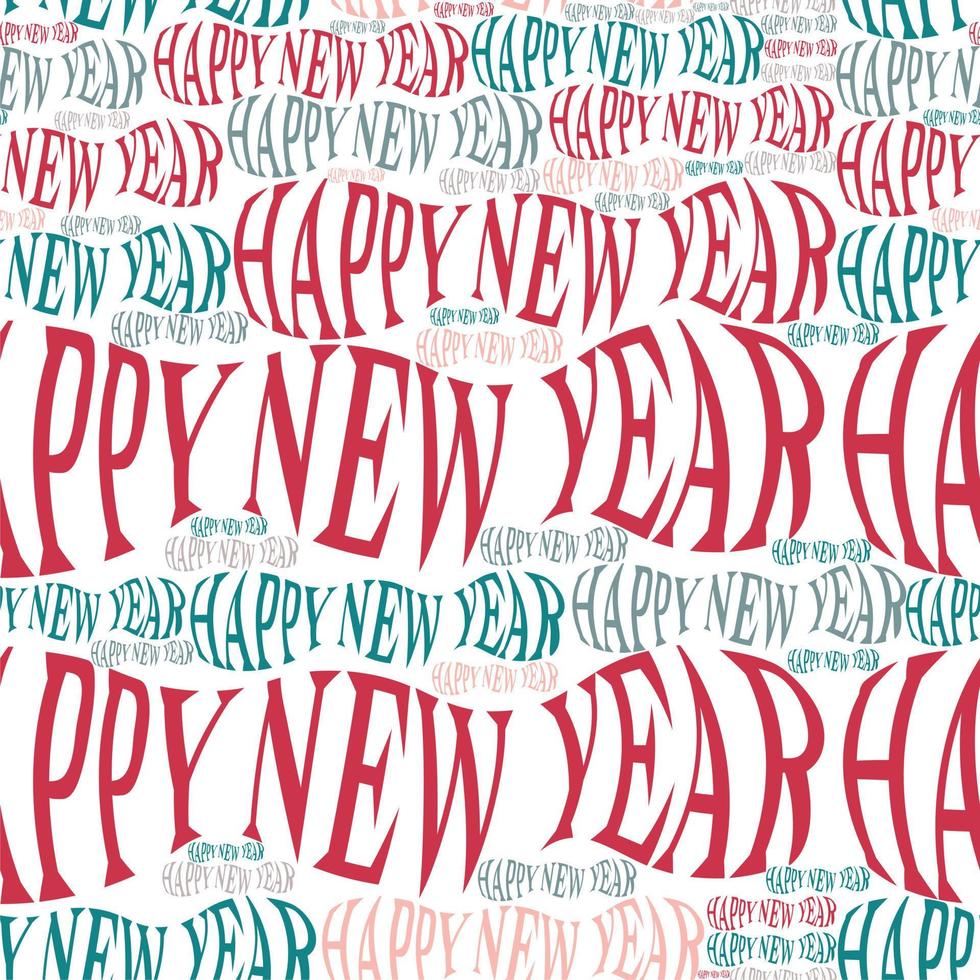 repite las palabras de feliz año nuevo en un fondo blanco sin costuras. sobre distorsionar el texto. colores rosa, verde claro, beige. patrón de impresión, tela, textil, papel de regalo vector