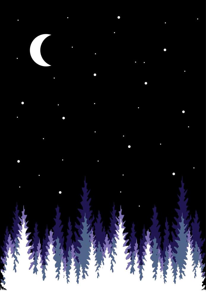 ilustración nocturna con luna y árboles abetos. luz del sol, noche. vector