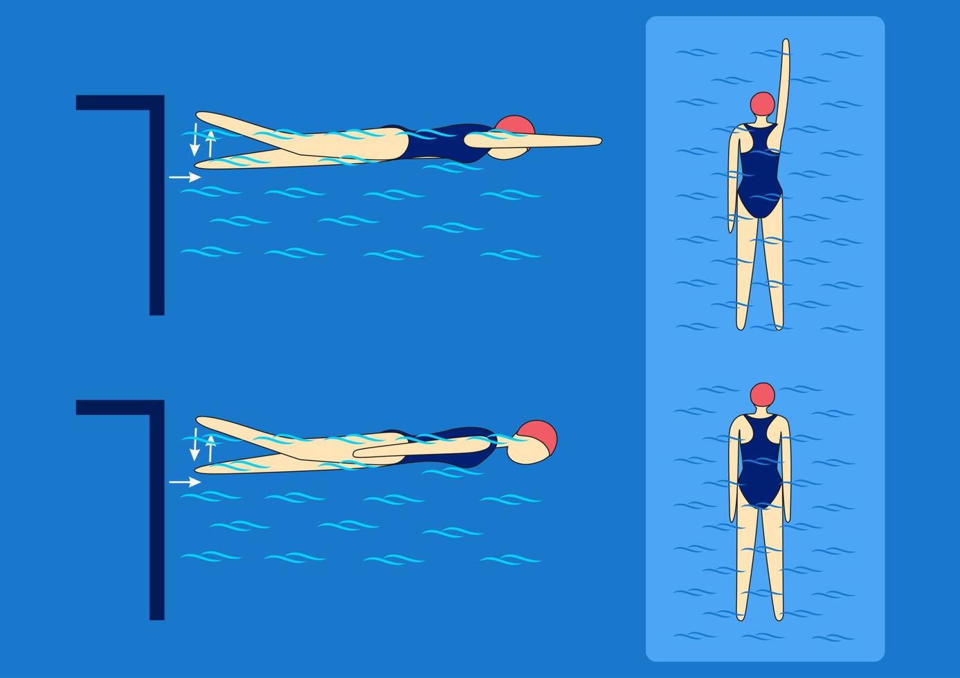 One hand stretched forward so that the upper arm presses against the ear, the other close to the ear side, both hands close to the sides. Swimming pool instruction. vector