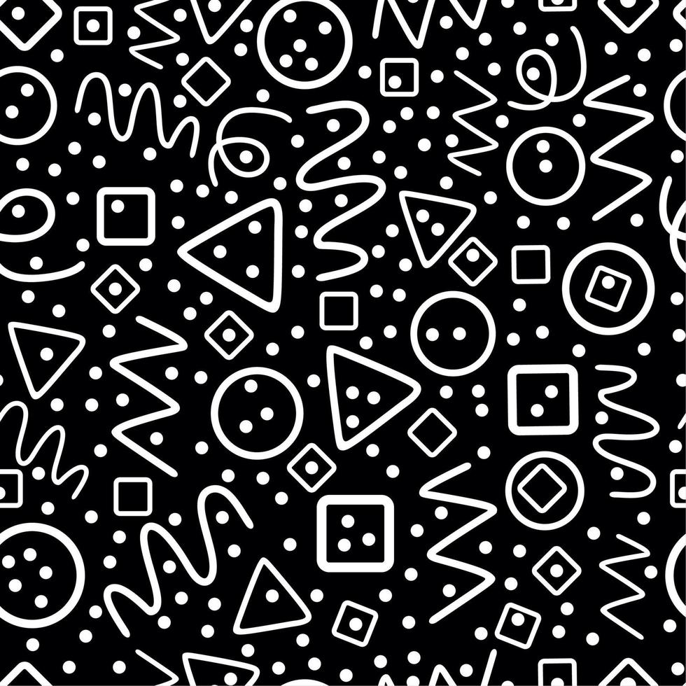 Black and white seamless pattern. Circles, triangles, serpentine, dots, squares, rhombus and zigzag. Simple line doodle shapes on black background. vector