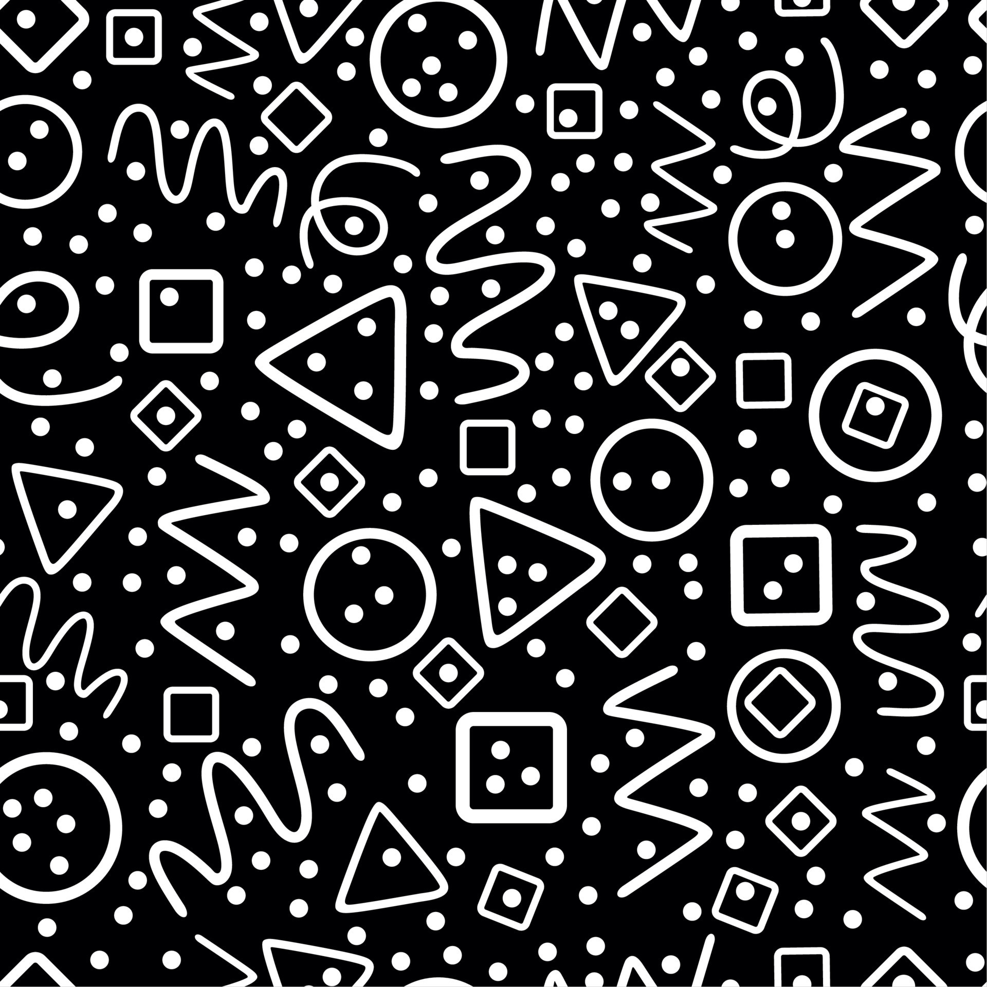Black and white seamless pattern. Circles, triangles, serpentine, dots