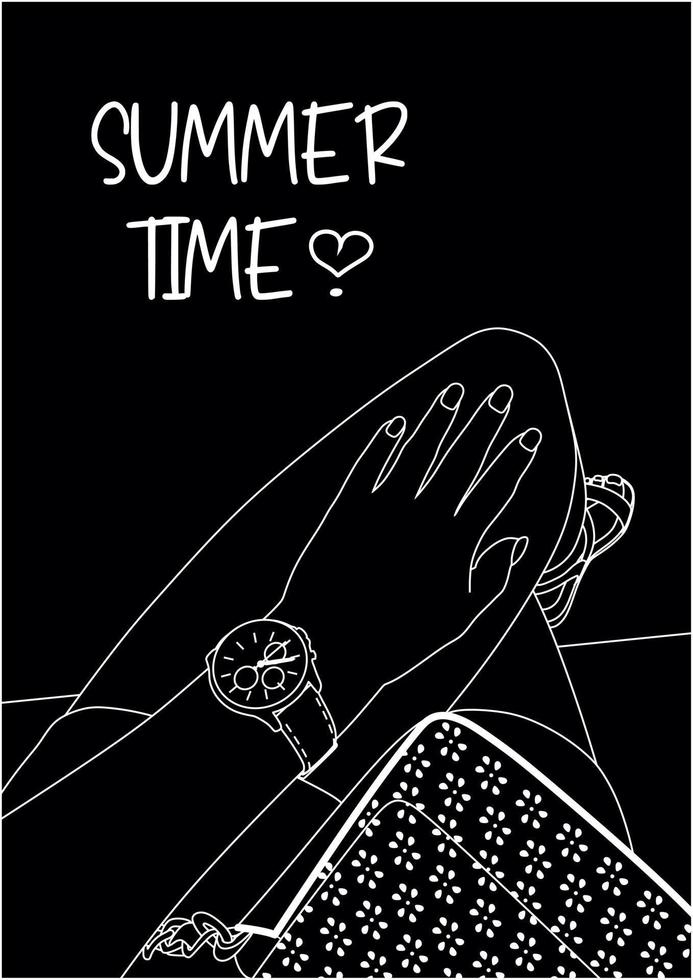 Summer time card or banner. Girl is sitting on the bench. Top view. Clock, bag, legs, nails, shorts, hand. Black and white. vector