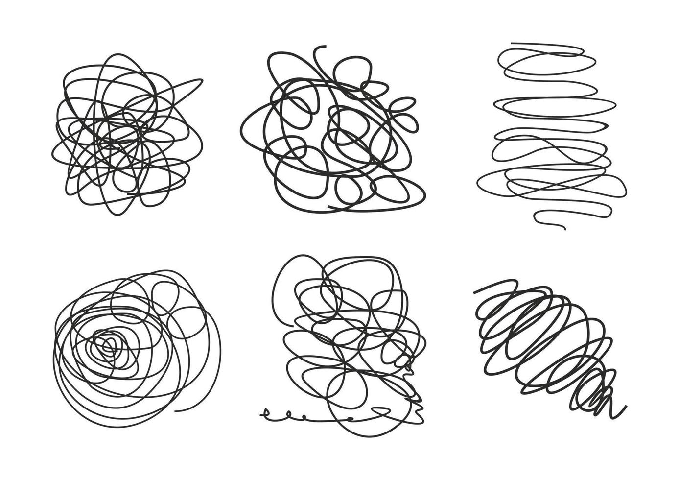 Tangled abstract scribble set. Hand drawn doodle elements. Sketch vector isolated on white background. Black and white simple elements.