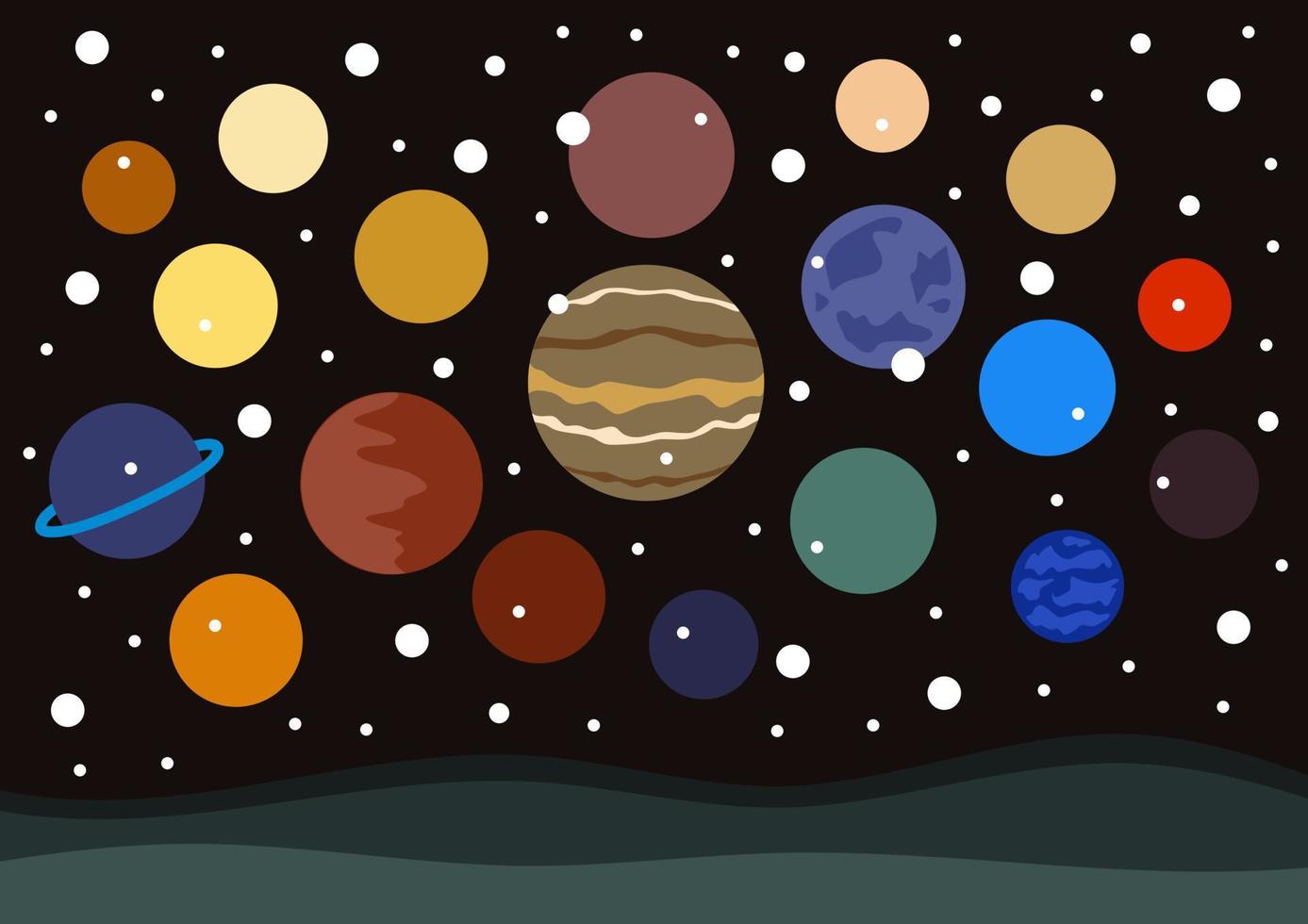Japanese style abstract planets landscape. Cartoon nature night sky art. vector