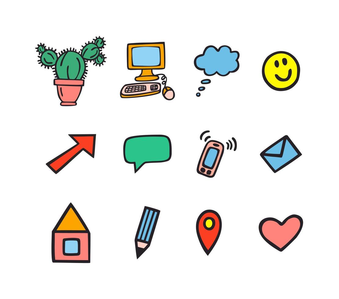 Colorful doodle icons. Cactus, computer, speak cloud, smile, arrow, mobile, envelope, home, pen, navigation sign, heart icons. vector