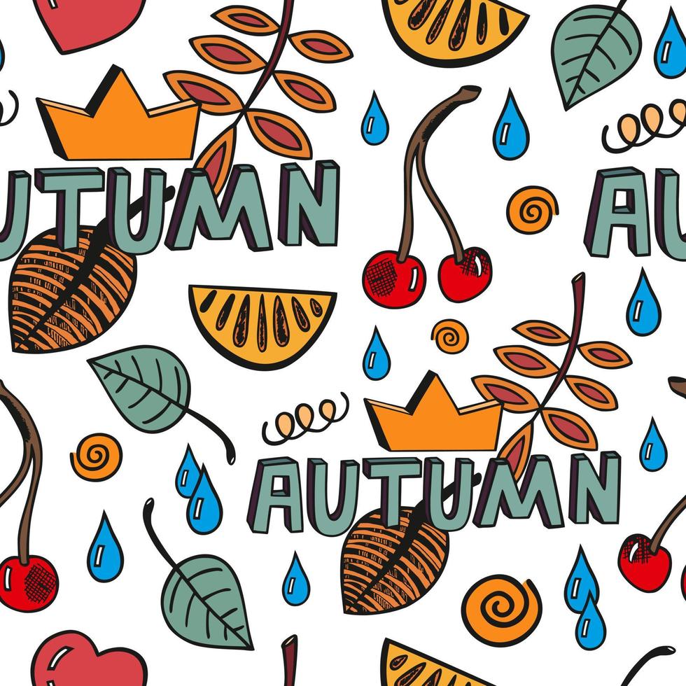 Autumn illustrations doodle drawn on white seamless background. Colorful word autumn, heart icon, orange slice, leaf's, cherry, crown. vector