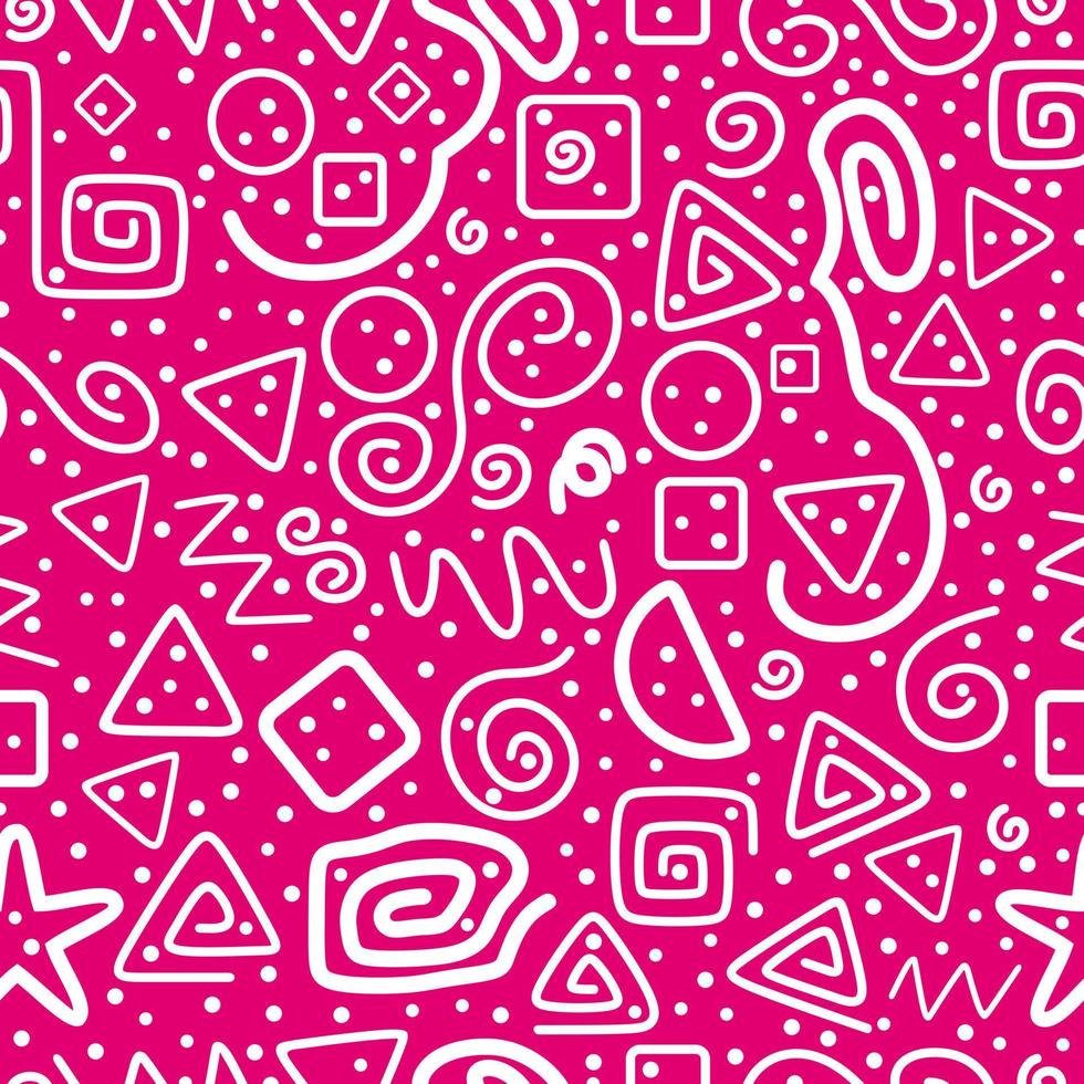 Pink seamless pattern. Triangles, serpentine, dots, square spirals, circles, squares and zigzag. Fun white line doodle shape background. Abstract. Textile, print, fabric, wrapping paper. vector