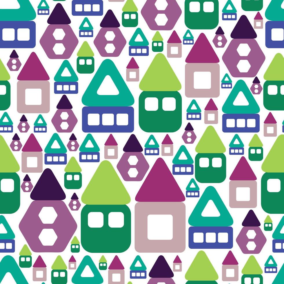 Abstract cozy colorful houses. Seamless pattern. Geometric shapes. Pattern on white background. Green, violet, blue colors. Different sizes. Copy paste. Ornamental. Triangles, squares, rectangles. vector