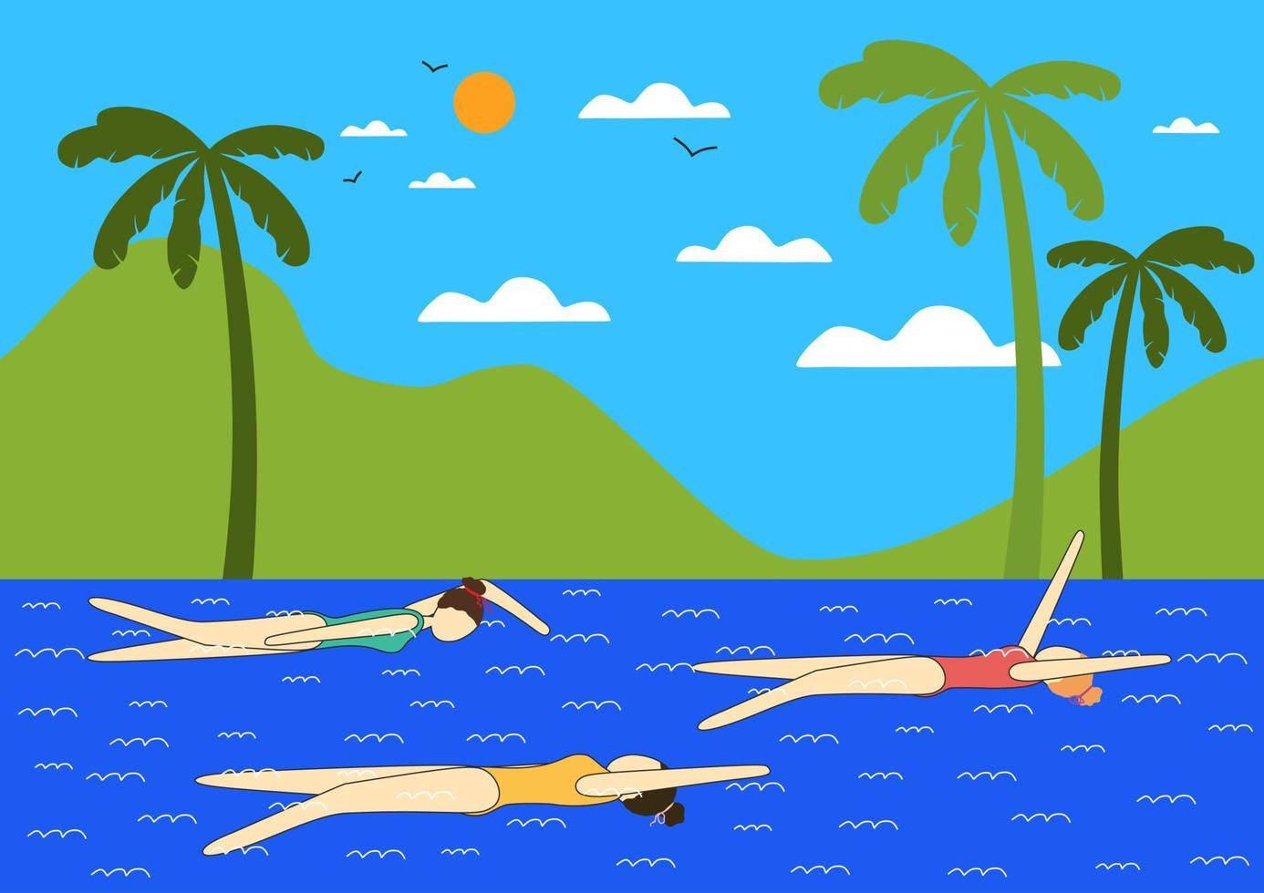 Young woman's are swimming. Sporty woman. Female wearing swimming suit. Palm tree. Modern style. Vector flat illustration. Sea, mountains, sky, sun.