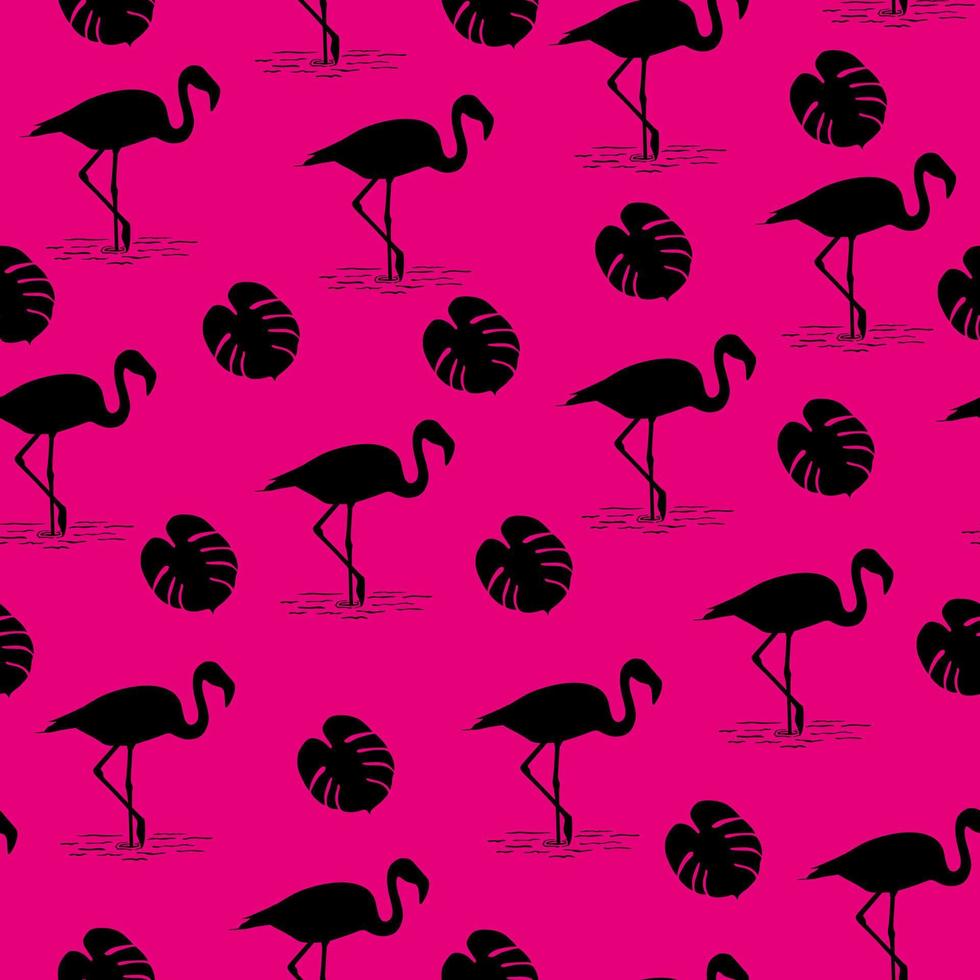 Black flamingo and tropical leaf on pink seamless background. vector