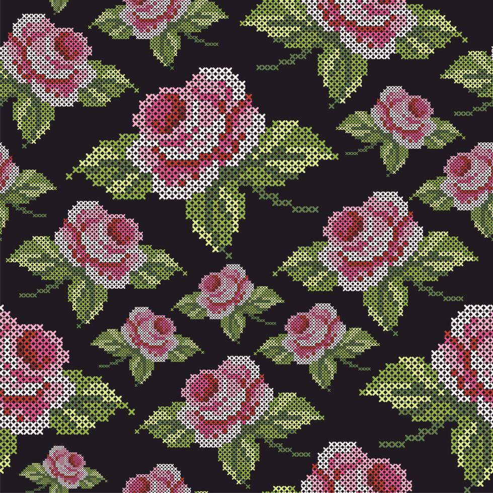 patrón sin costuras de rosas rosadas en punto de cruz. flores con hojas. fondo negro. papel de regalo, estampado, textil, tela. punto de cruz. bordado. vector