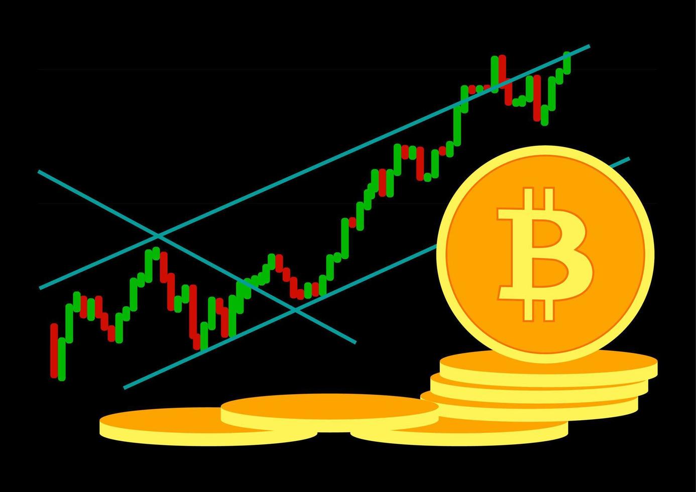 Bitcoin currency going up. Bitcoin on red and green graph. Bitcoin background with black backdrop and growing up graphs. Yellow gold coins. vector