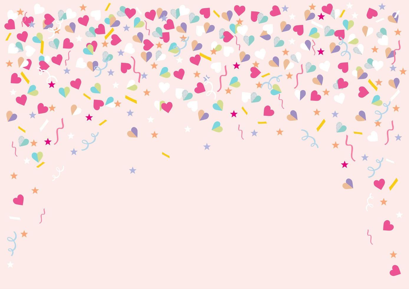 Colorful pastel carnival confetti background. Hearts, stars, circles, ribbons. vector