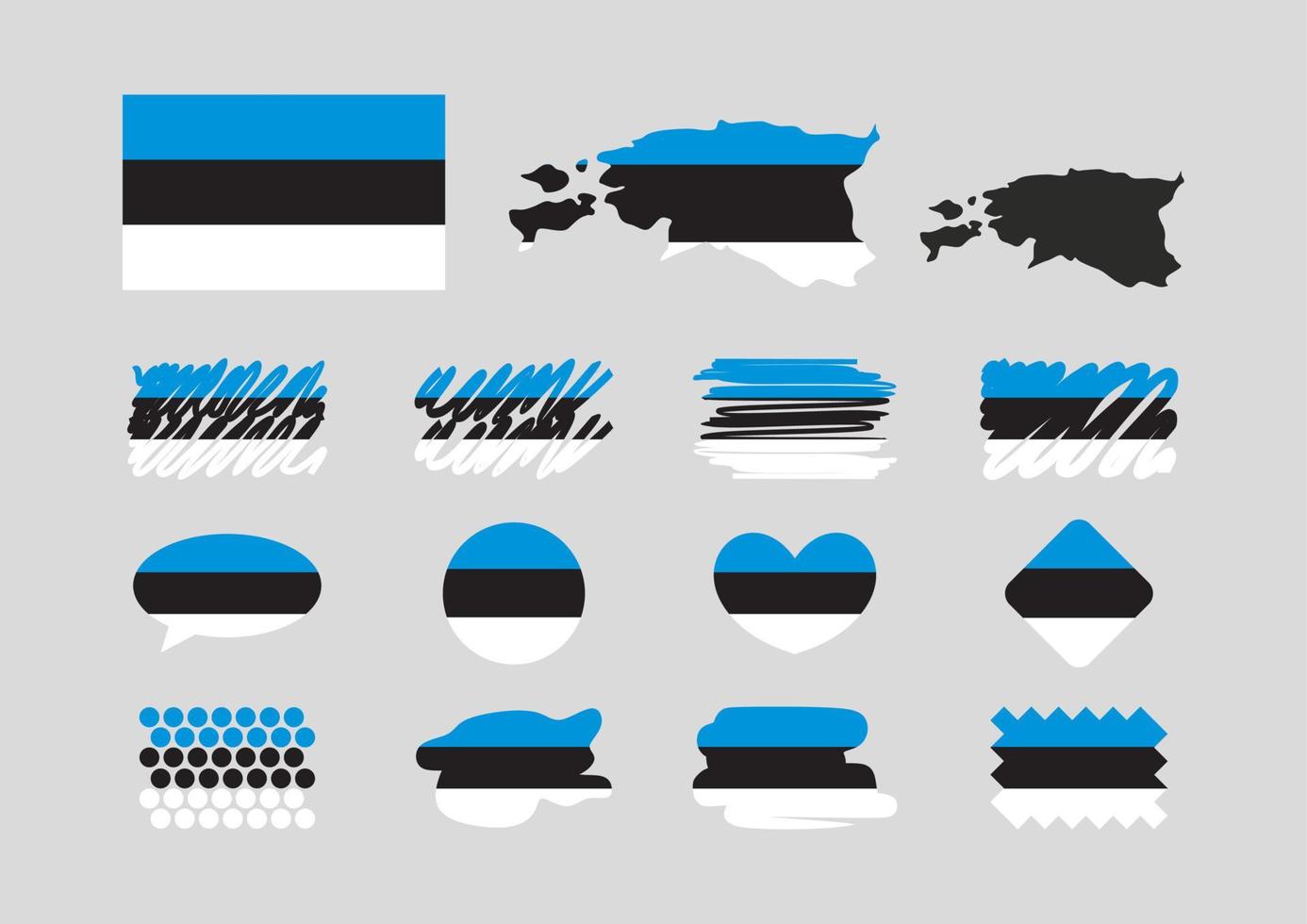 Estonia flag set, simple flags of Estonia. Map, heart, button, text cloud, mark, rhombus, doodles, dots. vector
