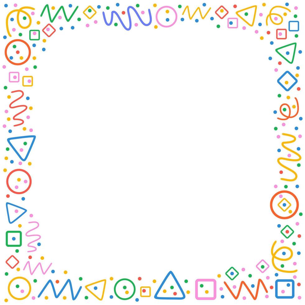 Colorful frame pattern. Circles, triangles, serpentine, dots, squares, rhombus and zigzag. Fun colorful line doodle shapes on white background. vector