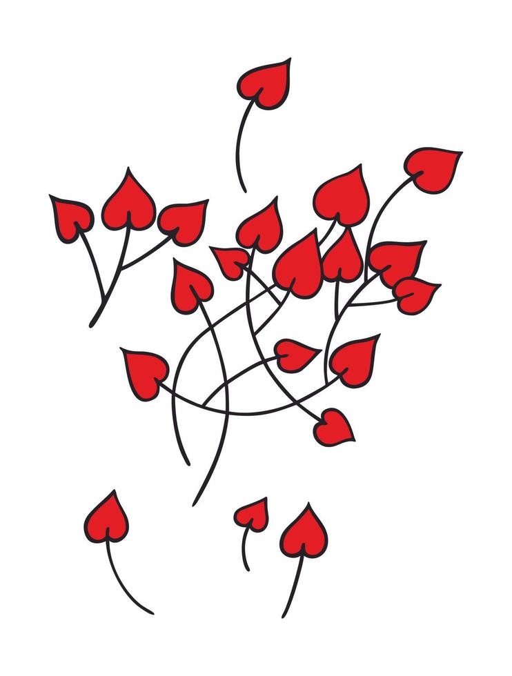 rama de corazones dibujados a mano. la hoja tiene forma de corazón. garabato vectorial. negro y rojo. vector