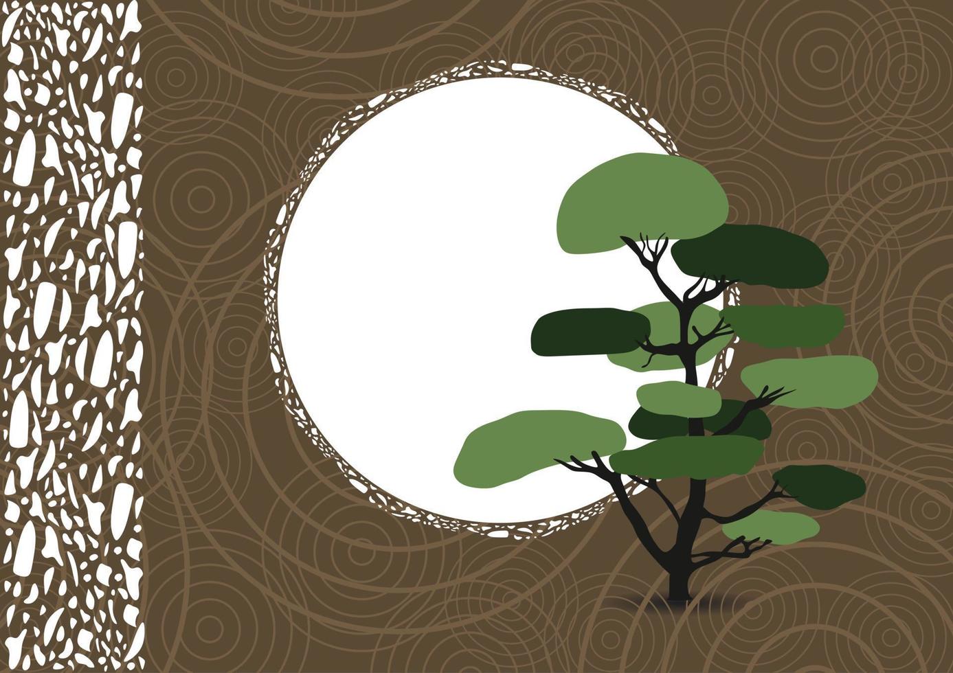 Japanese art. Bonsai tree. Moon. Ornamental background. Brown, green, white, black colors. Japanese style. vector