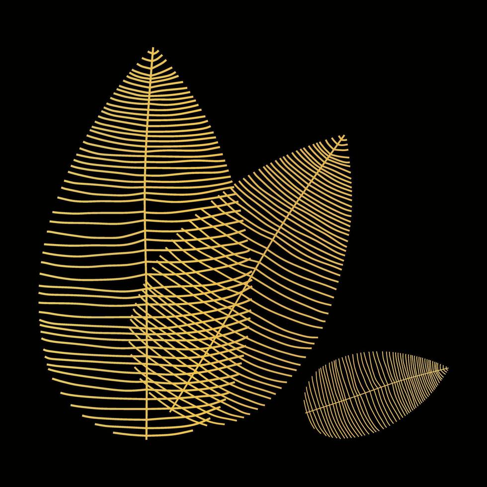 Gold linear leaf's on black background. Luxury style. Ornamental card for invitation or cover. vector