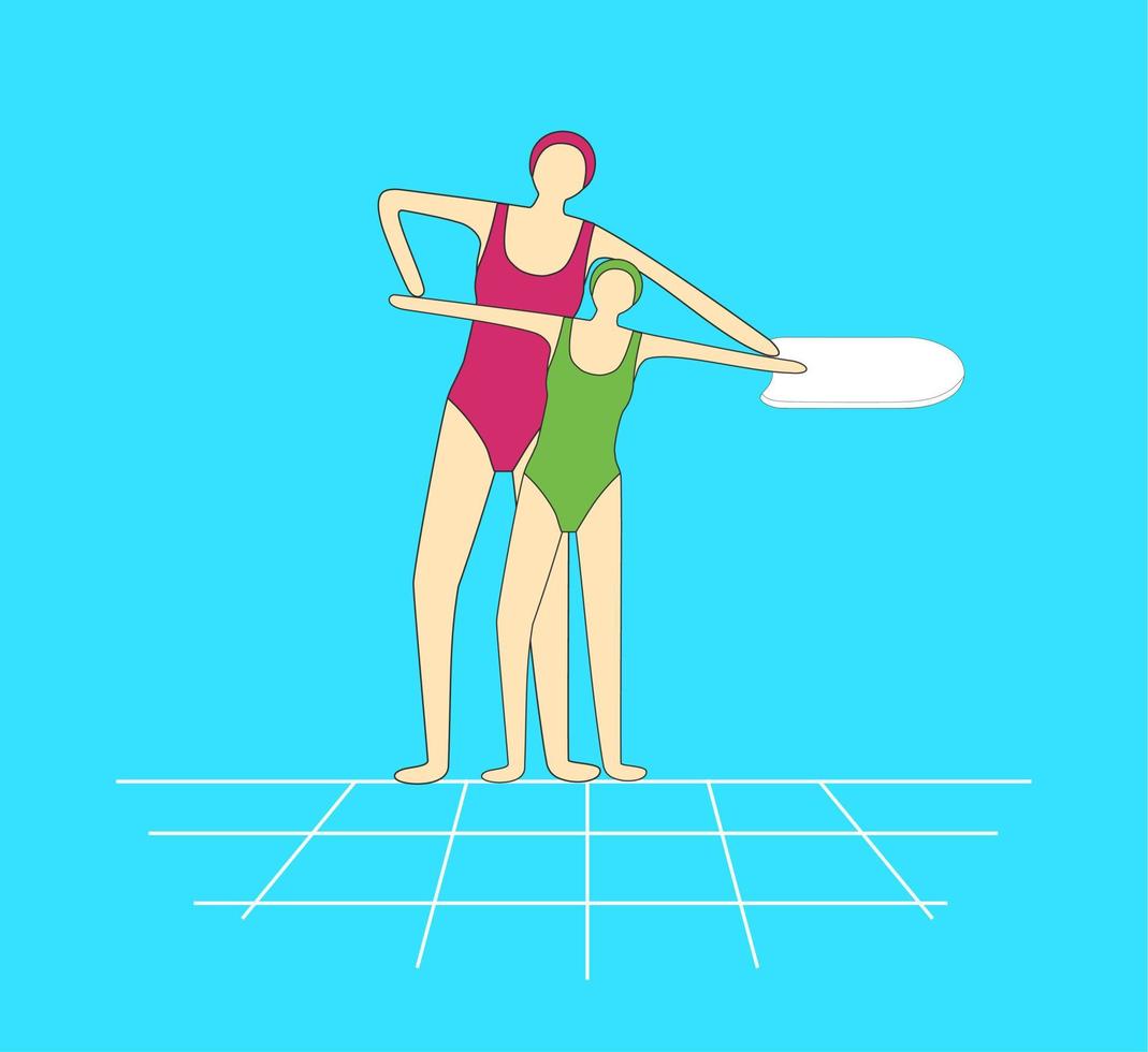 Woman swimming instructor show girl how swim with board. Swimming lessons. Swimming pool. Do exercise. vector