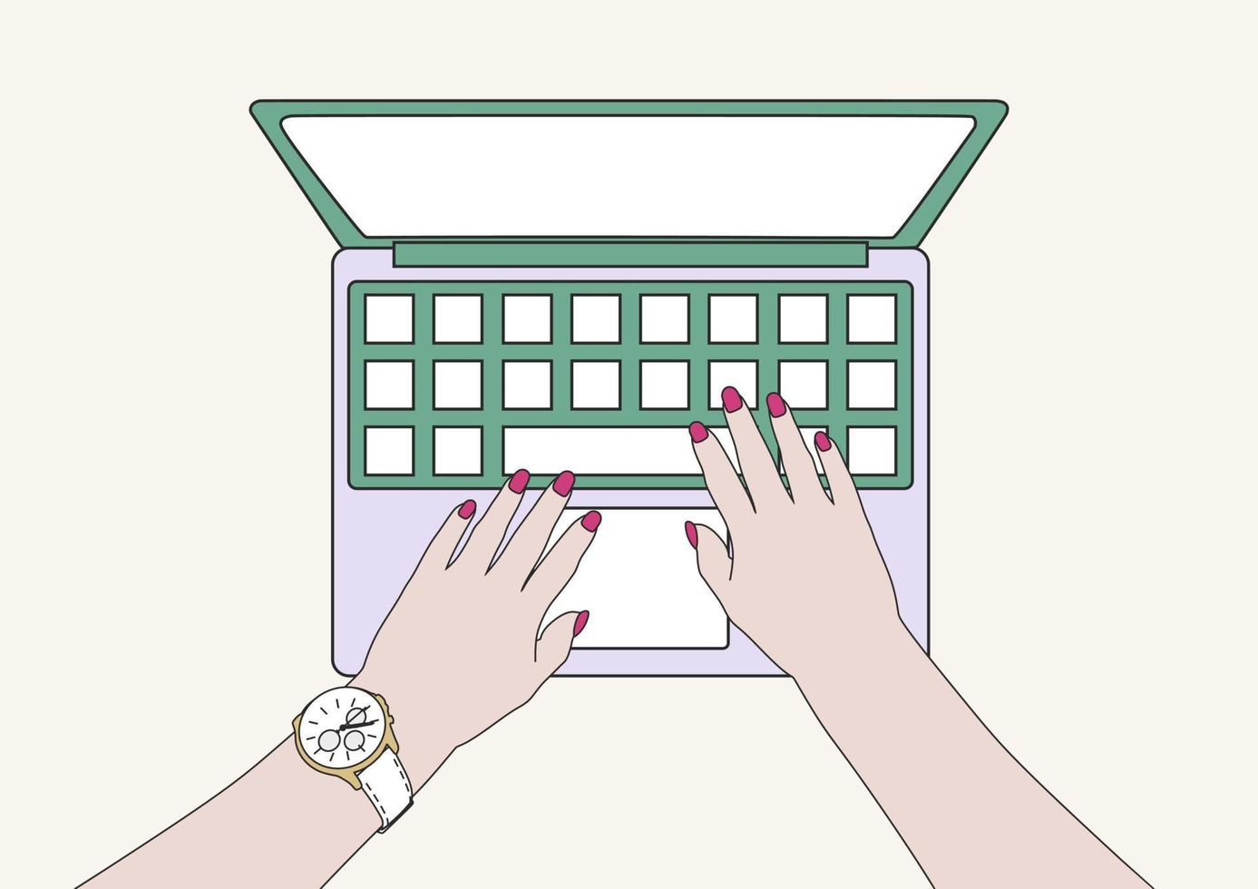 Businesswoman or girl writing sales or report on a laptop. Top view. vector