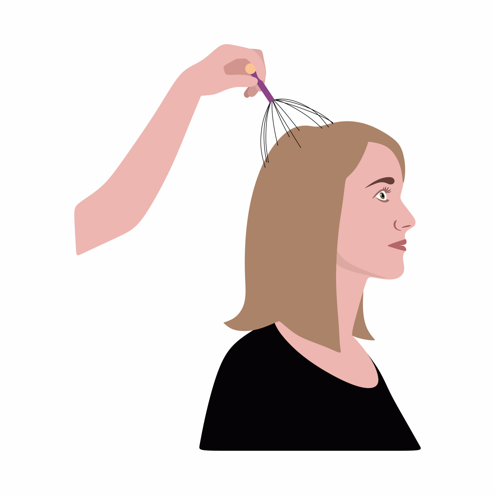 Young woman using a head massage tool. Instruction. Isolated on white