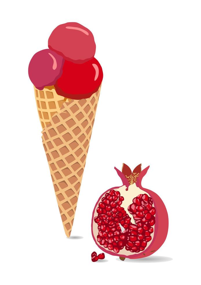 Ice cream icon vector illustration with pomegranate flavor. Red, pink, violet colors. Sweet and cold dessert. Three scoops of ice cream. Waffle.