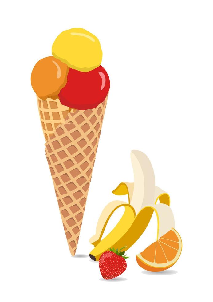Ice cream icon vector illustration with banana, orange, strawberry flavor. Red, yellow, orange colors. Sweet and cold dessert. Three scoops of ice cream. Waffle.