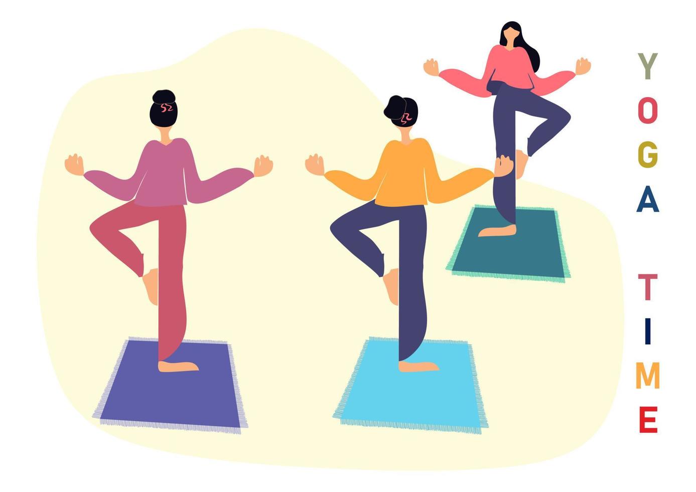 chicas jóvenes con pelos largos de pie en la estera en pose de árbol sobre fondo blanco. ilustración vectorial plana de la mujer haciendo yoga, meditación, estilo de vida saludable. el maestro muestra una pose de yoga. vector