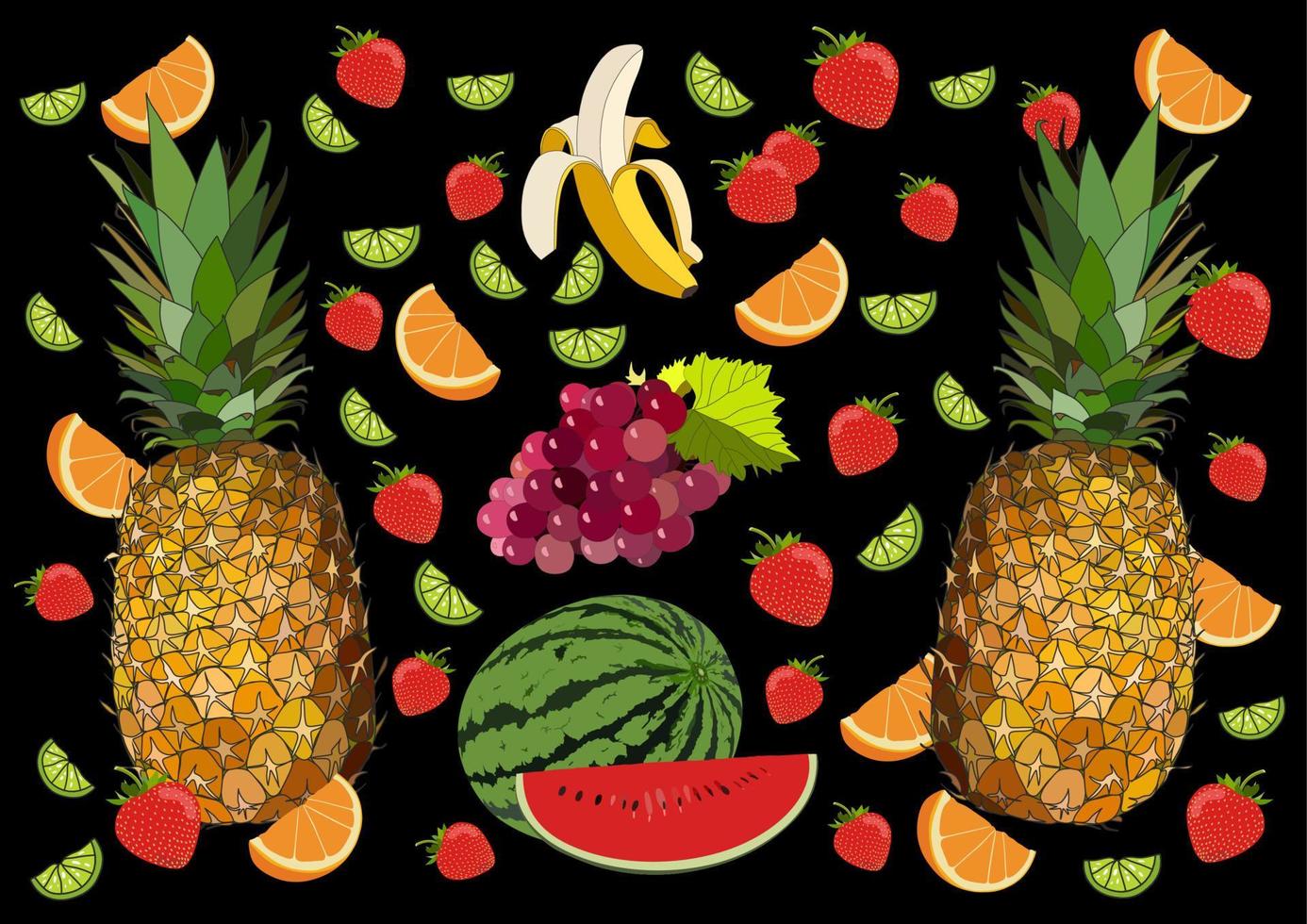 frutas sobre fondo negro. sandía, piña, lima, uva, naranja, plátano. vector