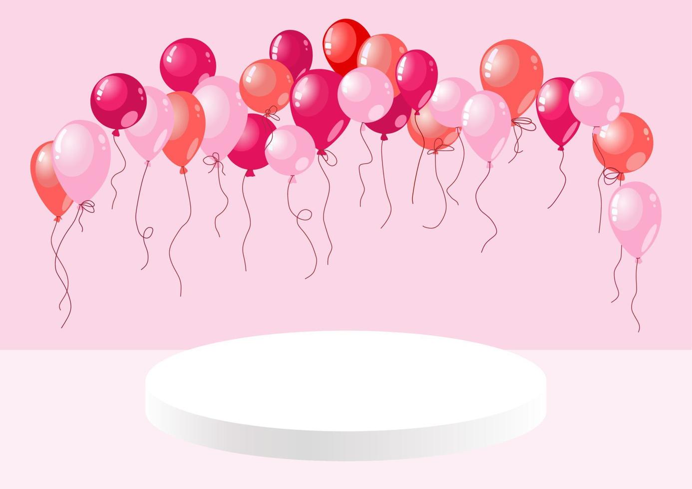 celebración con podio y globos. etapa de la boda. bebita. tarjeta de fiesta de cumpleaños. globos rosas y pedestal blanco. Espacio para productos cosméticos. vector