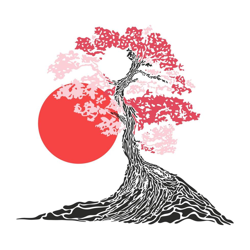 árbol bonsái japonés. icono de árbol y sol. Ilustración de vector de silueta de bonsái sobre fondo blanco aislado. ecología, naturaleza, bioconcepto. puesta de sol con silueta de árbol. plantilla de diseño