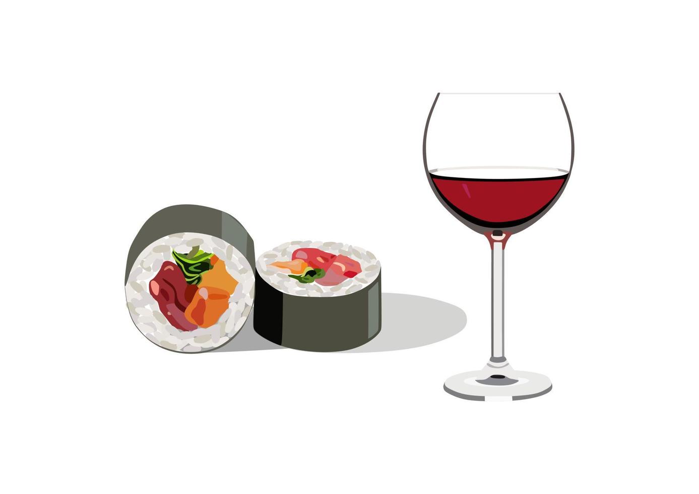 Two slices sushi and glass of wine. Vector. Red wine. Alcohol. Menu icon. vector