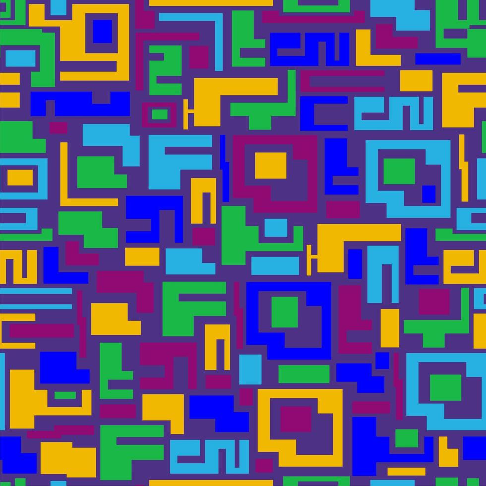 patrón abstracto sin fisuras. cuadrados, rectángulos y formas geométricas estilizadas. laberinto. azul, amarillo, violeta, verde. vector