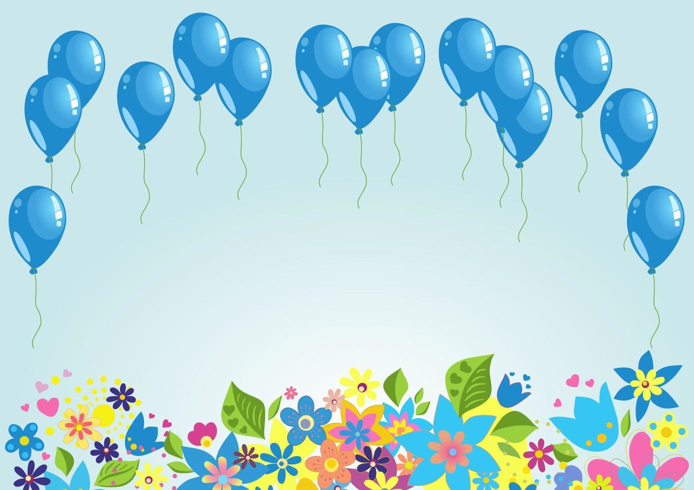volando globos azules sobre fondo de naturaleza. globos de cumpleaños volando sobre hierba y flores en el cielo como telón de fondo. tema de vacaciones con globos. la ilustración se puede utilizar para carteles, tarjetas, sitios web, pancartas vector