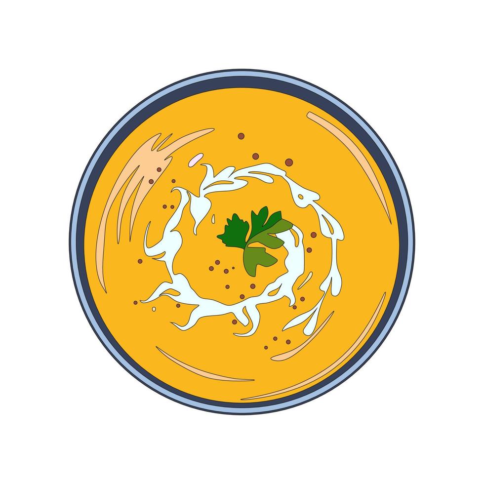 Bowl of cream pumpkin and cheese soup. Parsley. Top view. vector