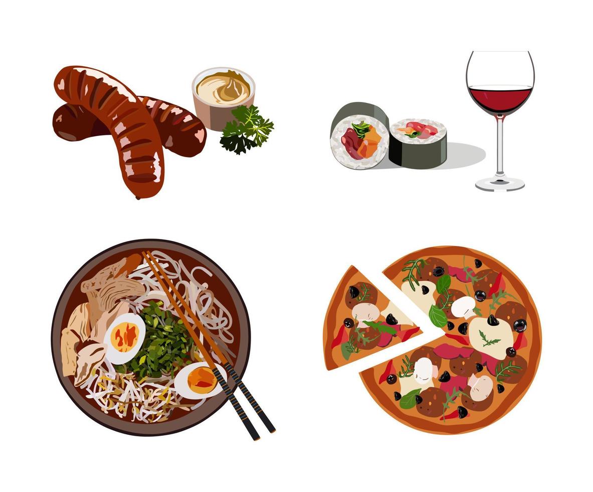 Four dishes set. Sausages, sushi and wine, ramen, pizza. Menu. vector