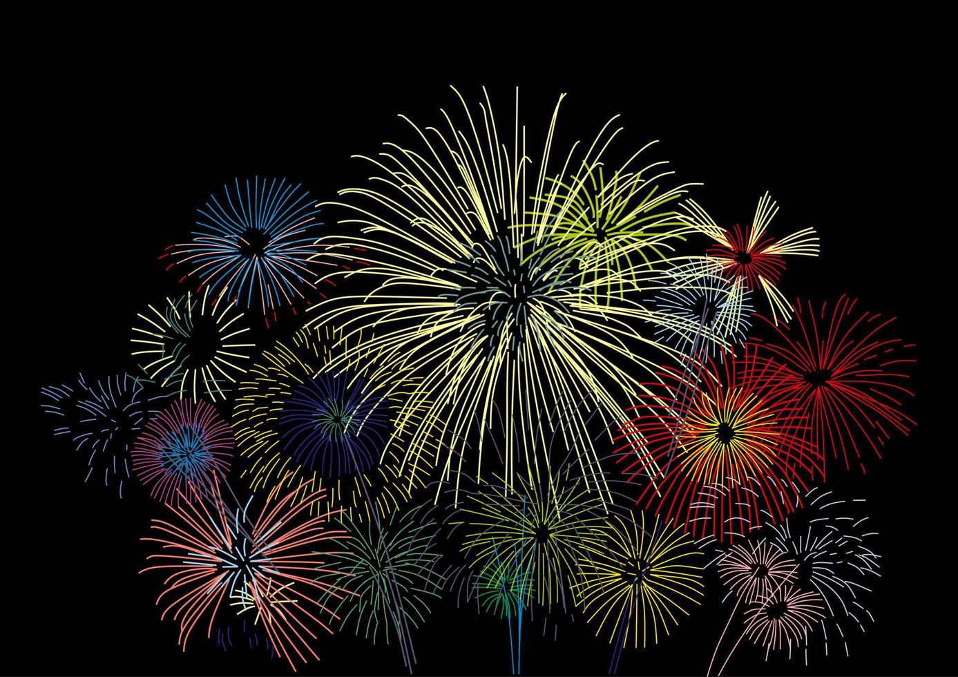 Colorful fireworks vector on dark black background with sparking bokeh's. Festival. Night time. New Year.