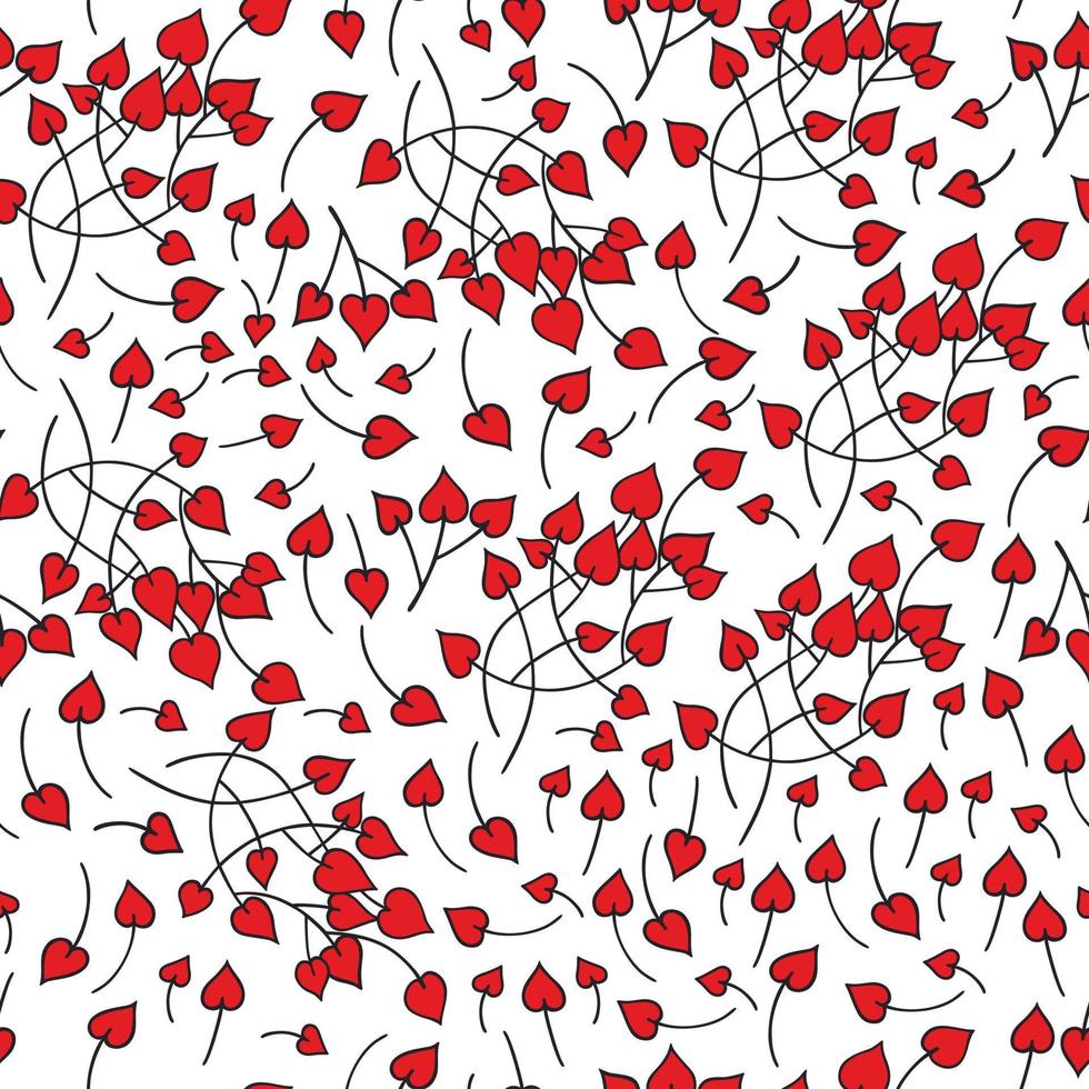 Doodle hand drawn branch hearts.  Seamless pattern. White background. Valentines day. Red and black colors. vector