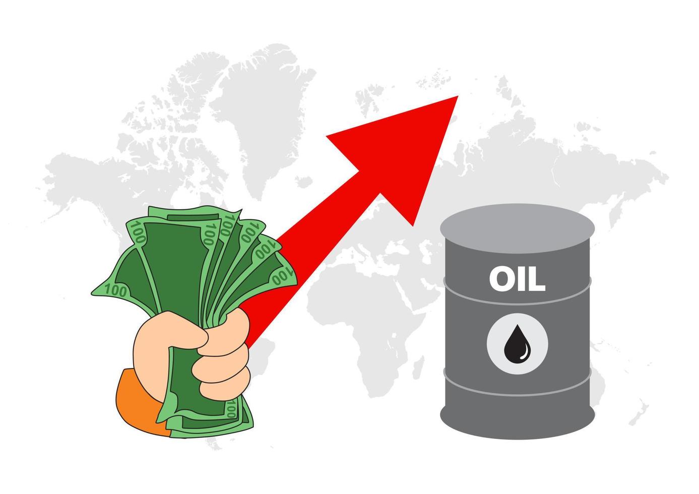 Global oil prices rose to a critical level the fuel economy crisis and expensive gas prices concept. World map. Gray oil barrel. Red arrow. Hand with money. vector