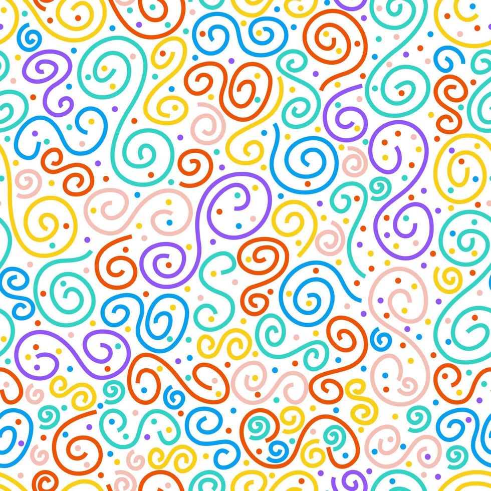 espirales de colores y puntos sobre fondo blanco sin costuras. patrón brillante líneas onduladas y rizadas. formas divertidas elementos rayados. tela, estampado, textil, papel de regalo. vector