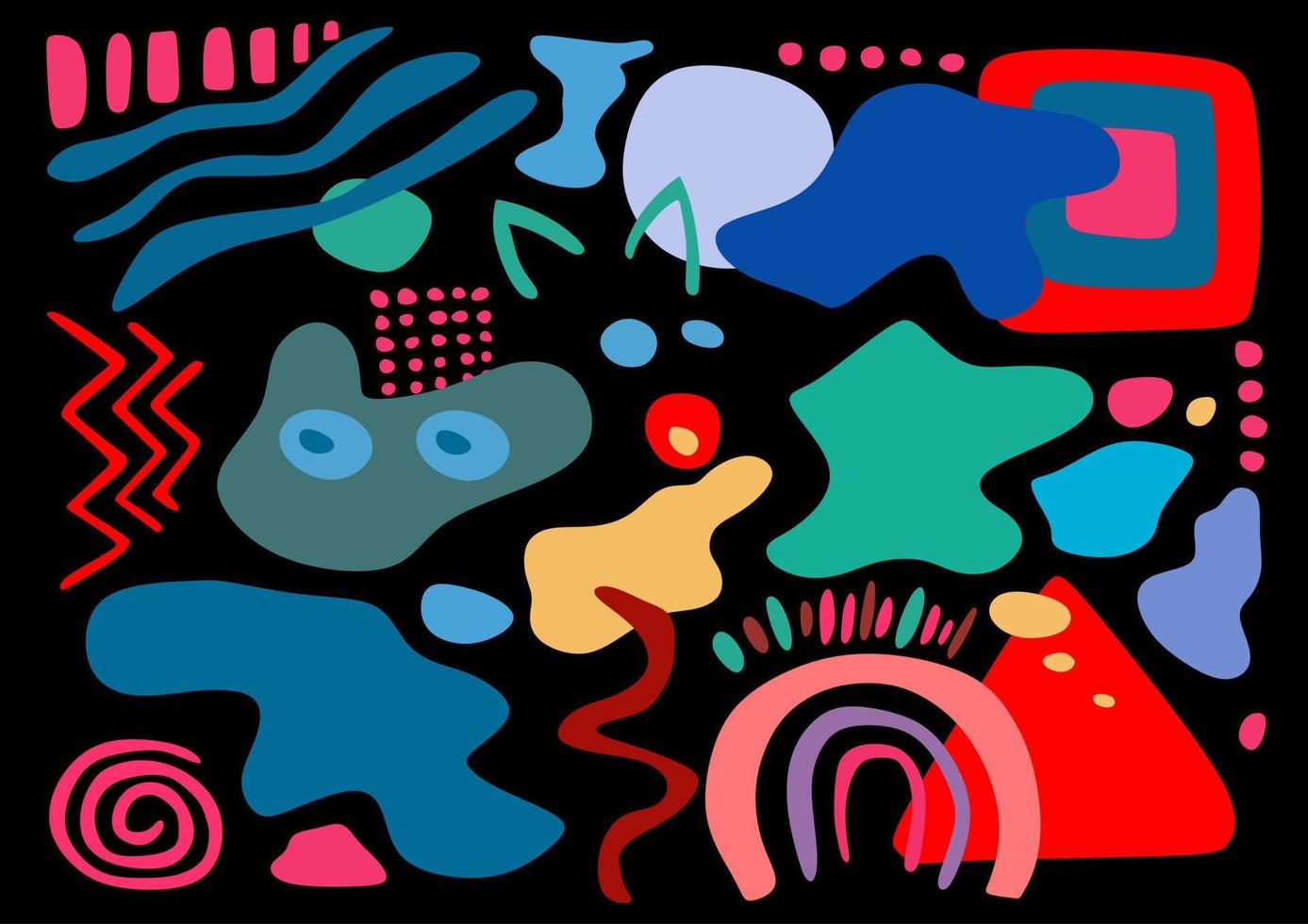 Big abstract set of hand drawn various shapes and doodle objects on black background. Colorful shapes. vector