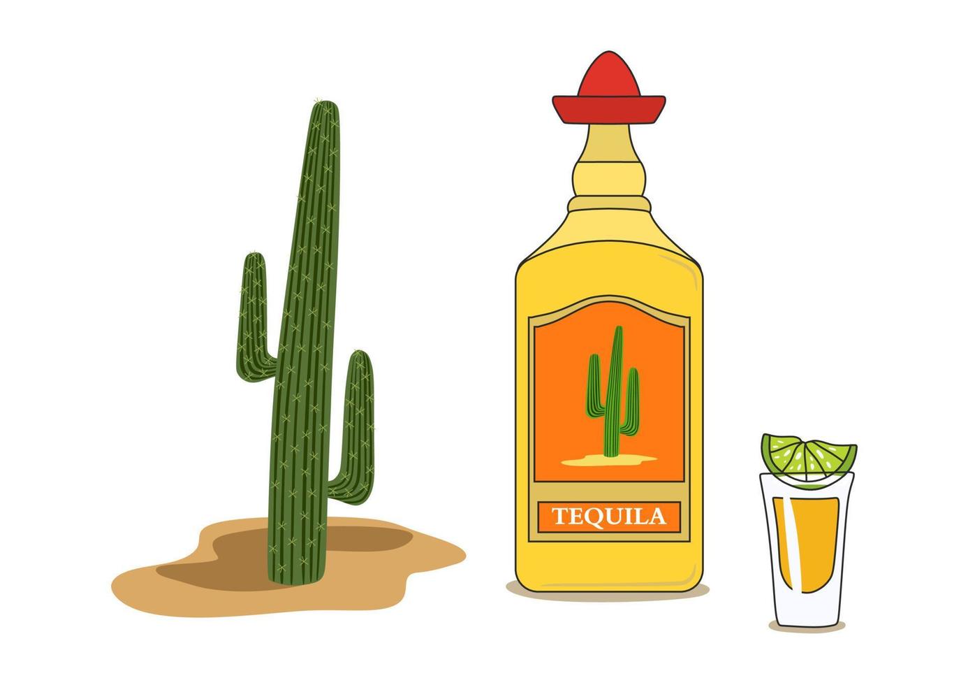 Tequila vector bottle and shot of tequila with lime on a white background. Cactus, sombrero, sand. Yellow, red, green.
