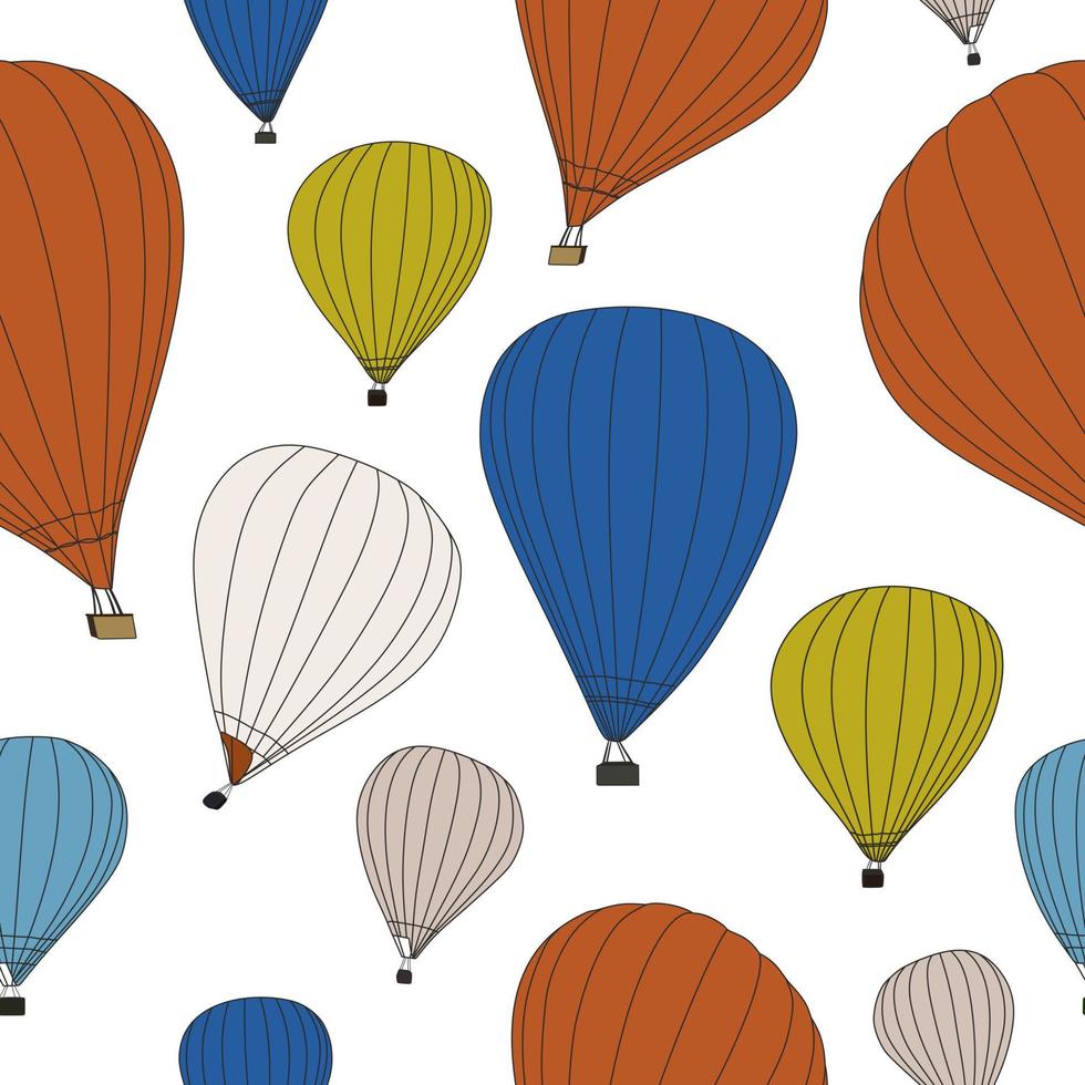 Air balloons seamless pattern. Orange, green, blue, yellow, gray, white colors. vector