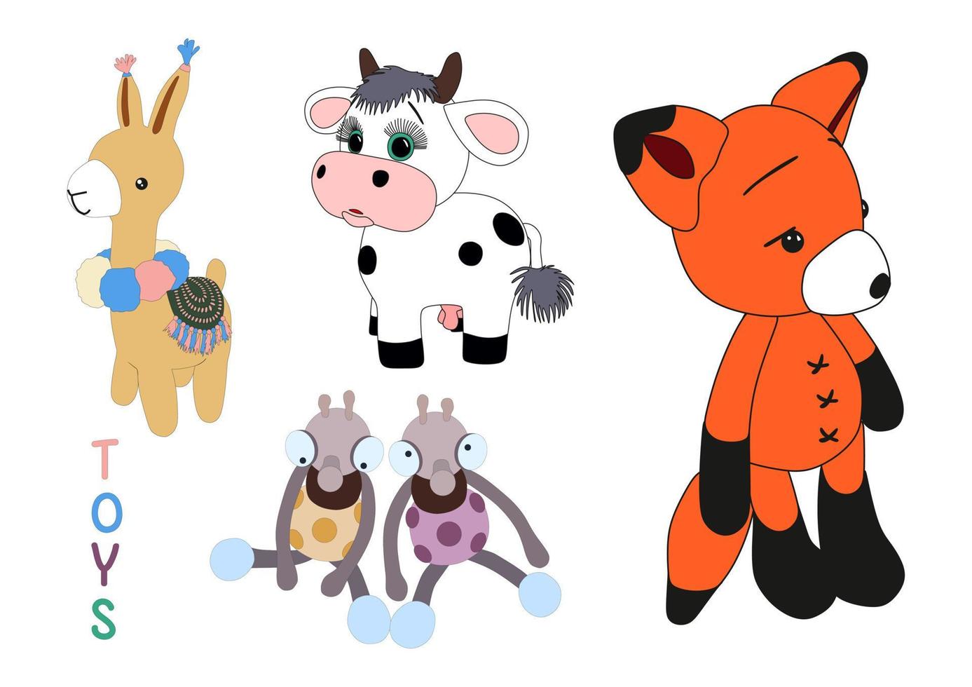 Collection of animals cute baby animals types of animals and insects. Cow, alpaca, fox, bees. vector