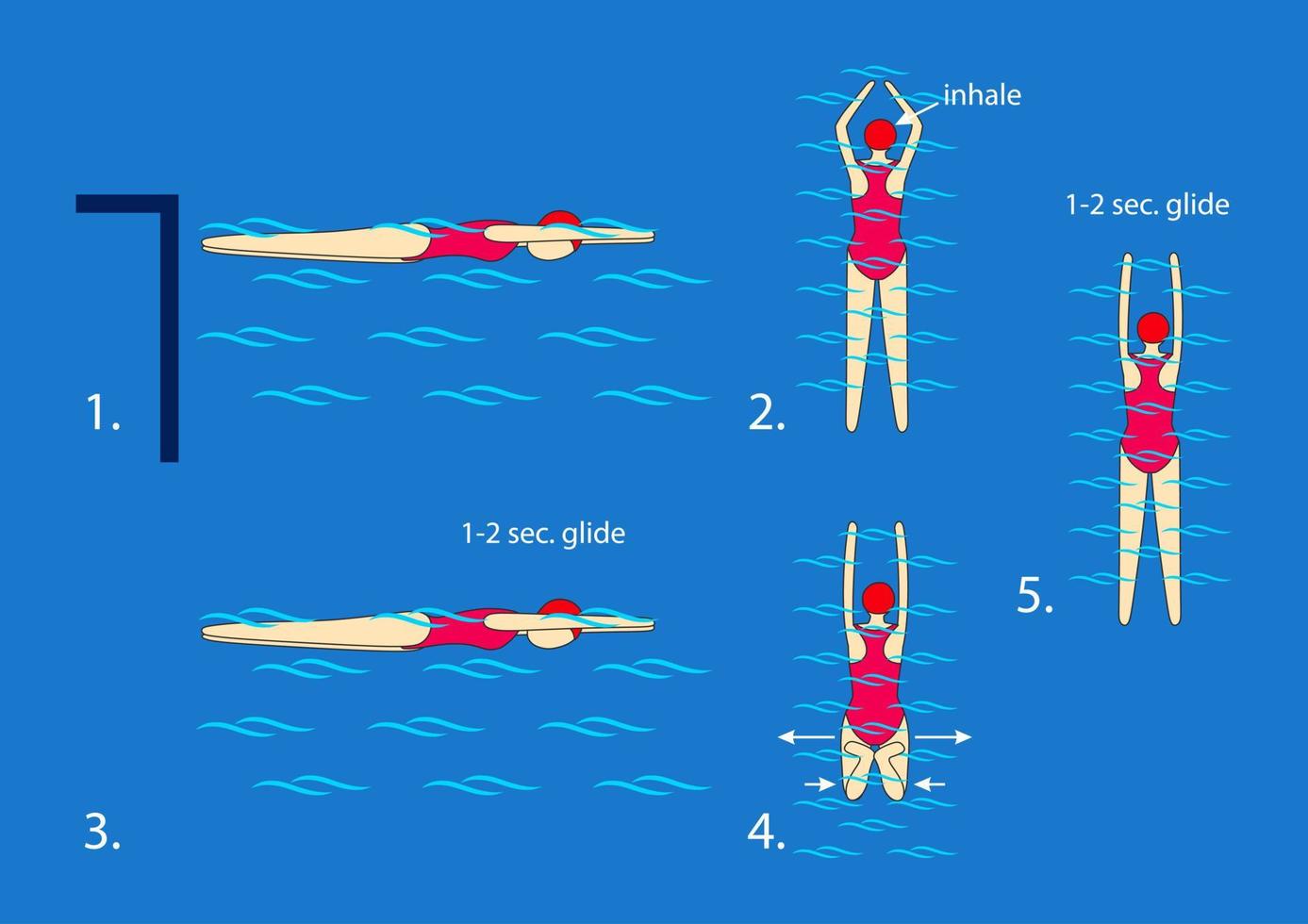 To swim breaststroke with splits, start from scrolling arrow with breaststroke with arm movement, after finishing the arm movement perform breaststroke with legs. Shift 1-2 sec. Instruction. vector