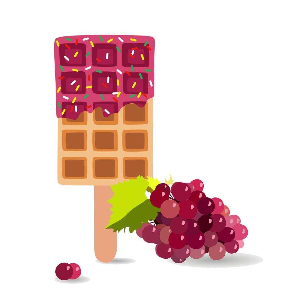 Sweet food and dessert food, vector illustration of golden brown homemade corn dog or hot dog waffle on a stick in various flavors decorations and violet or burgundy chocolate with grape brunch.