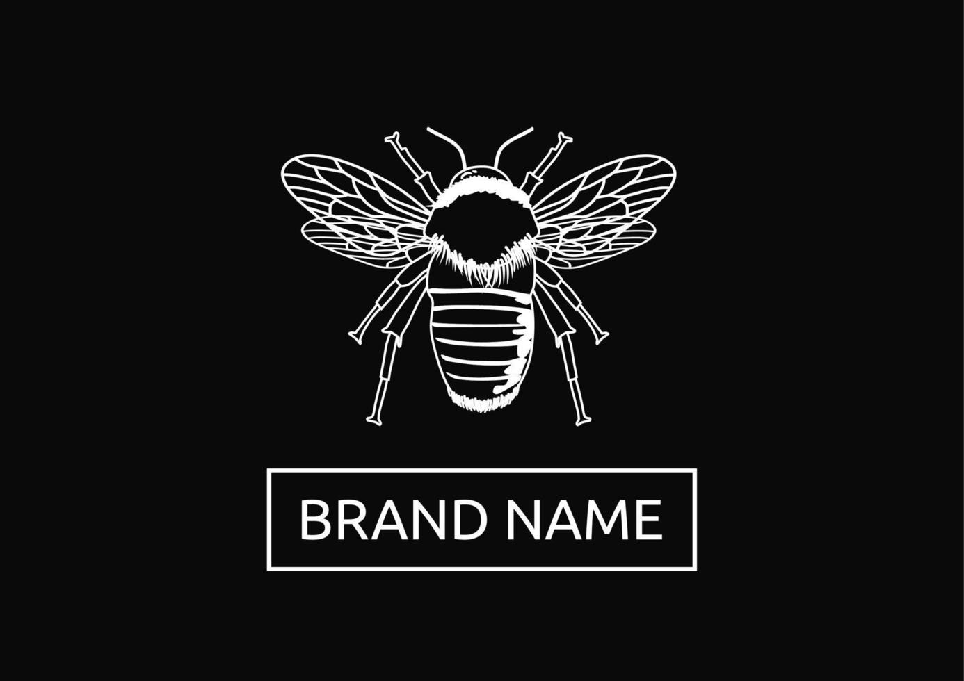 Hand drawn bumblebee, bee or honeybee on black background. White silhouette. Logo, brand template. vector
