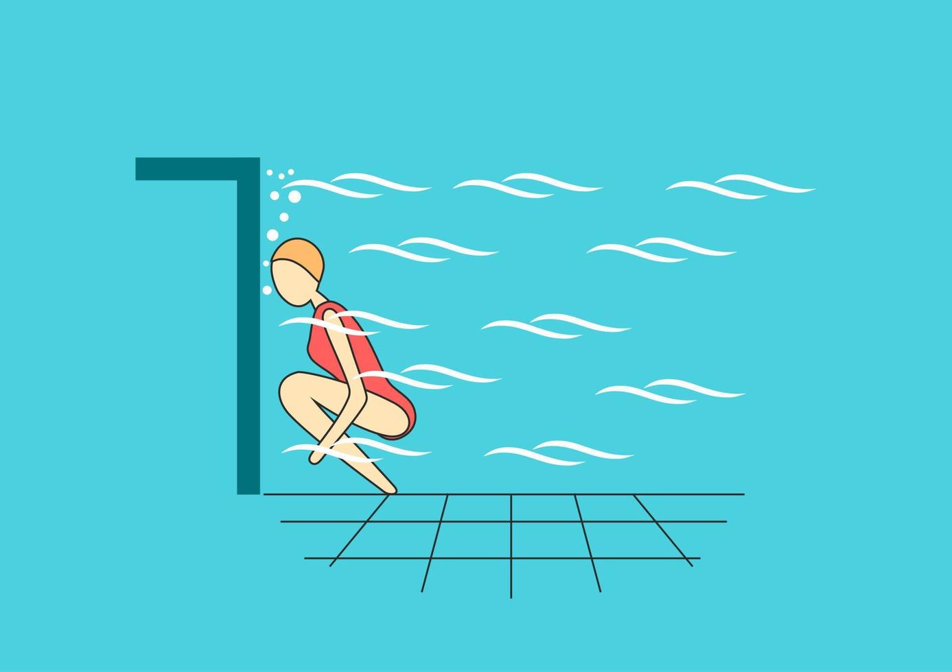 Swimmer under water in swimming pool. Float position.  Breath out. vector